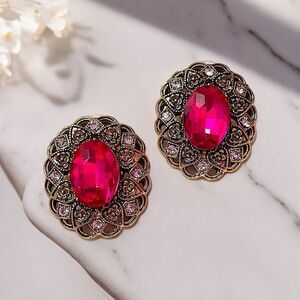 Vintage Style Large Fuschia Rhinestone Antique Gold Tone Stud Earrings NWT